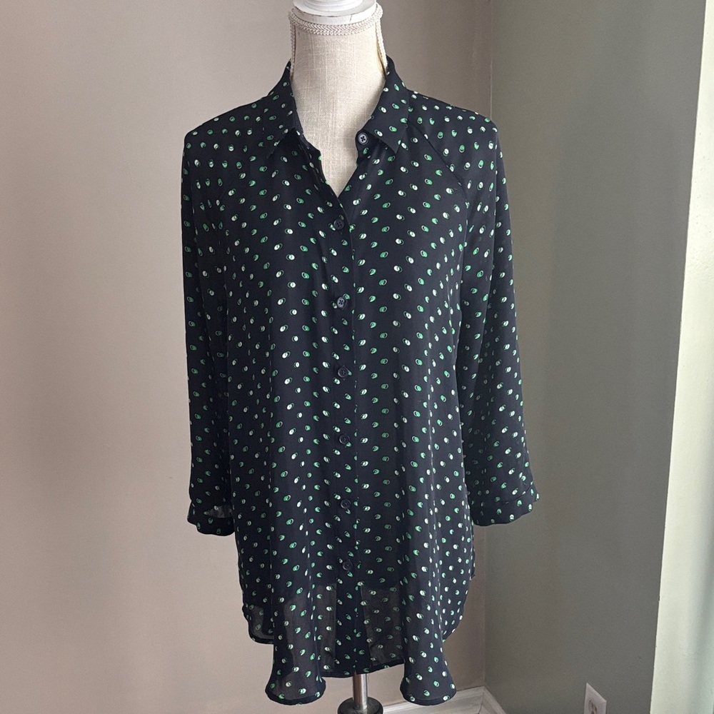 CAbi Black Blouse with Green Polka Dots
